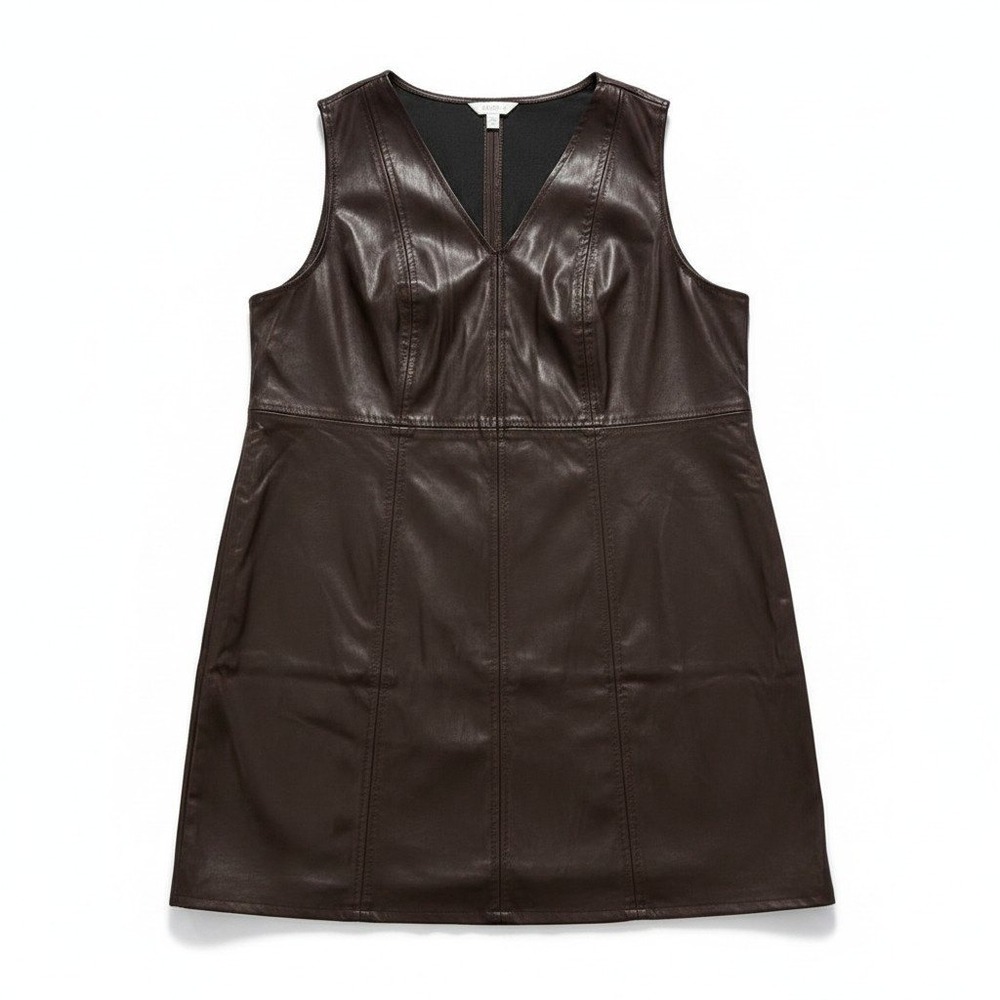 Eloquii 18 Dark Brown Faux Leather V-Neck Mini Dress Womens Minimalist Chic